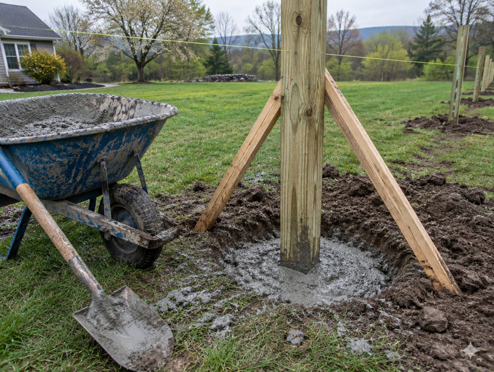 Fence post held plumb in a hole while concrete is poured around it