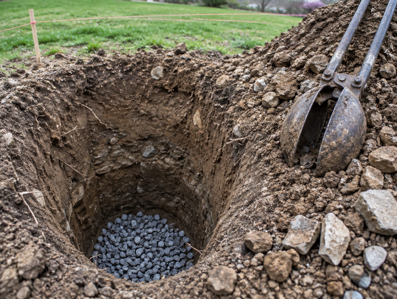 Post hole dug in the ground with a layer of gravel at the bottom