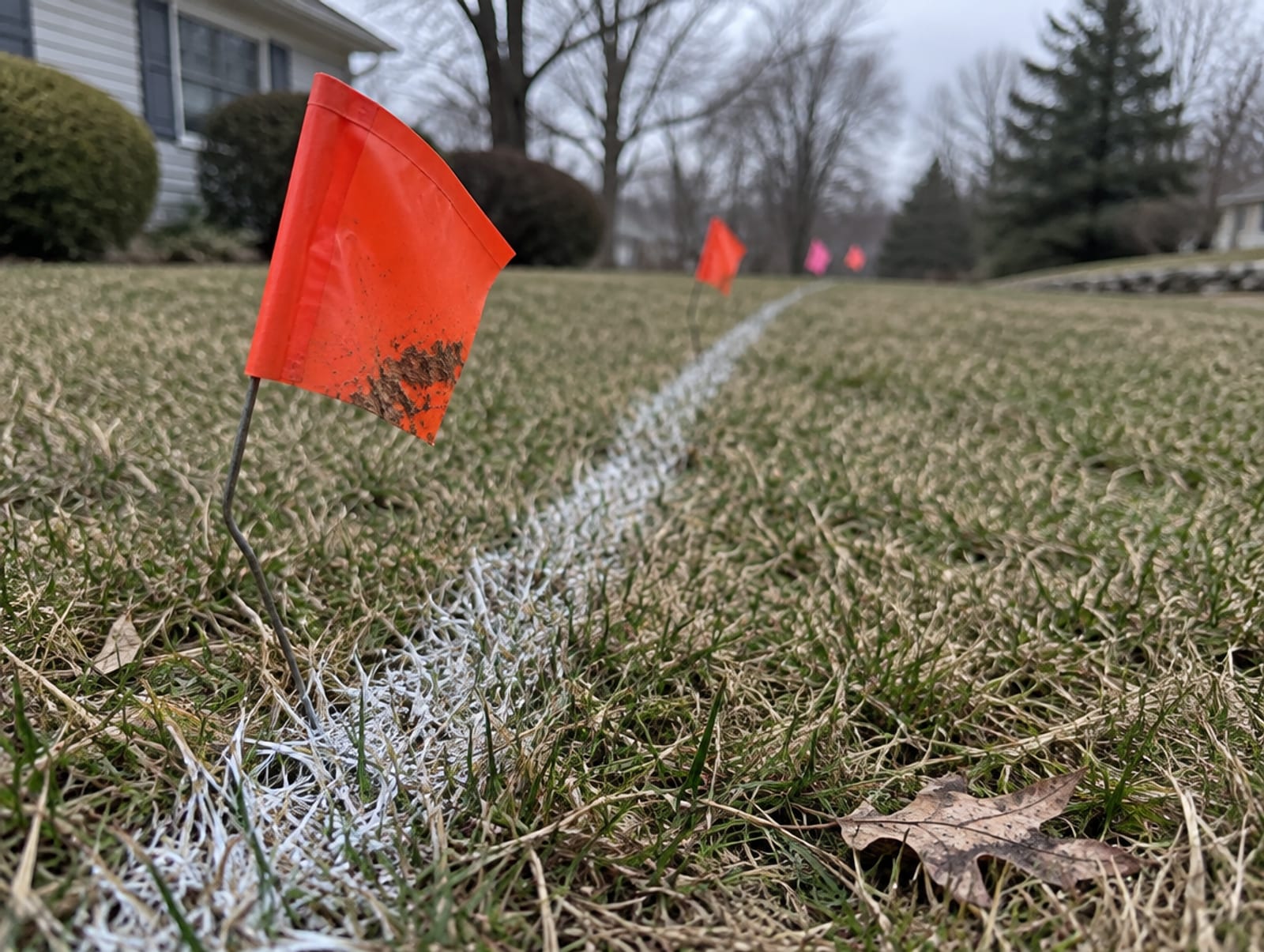 Spray-painted utility marks and flags on a lawn along a planned fence line