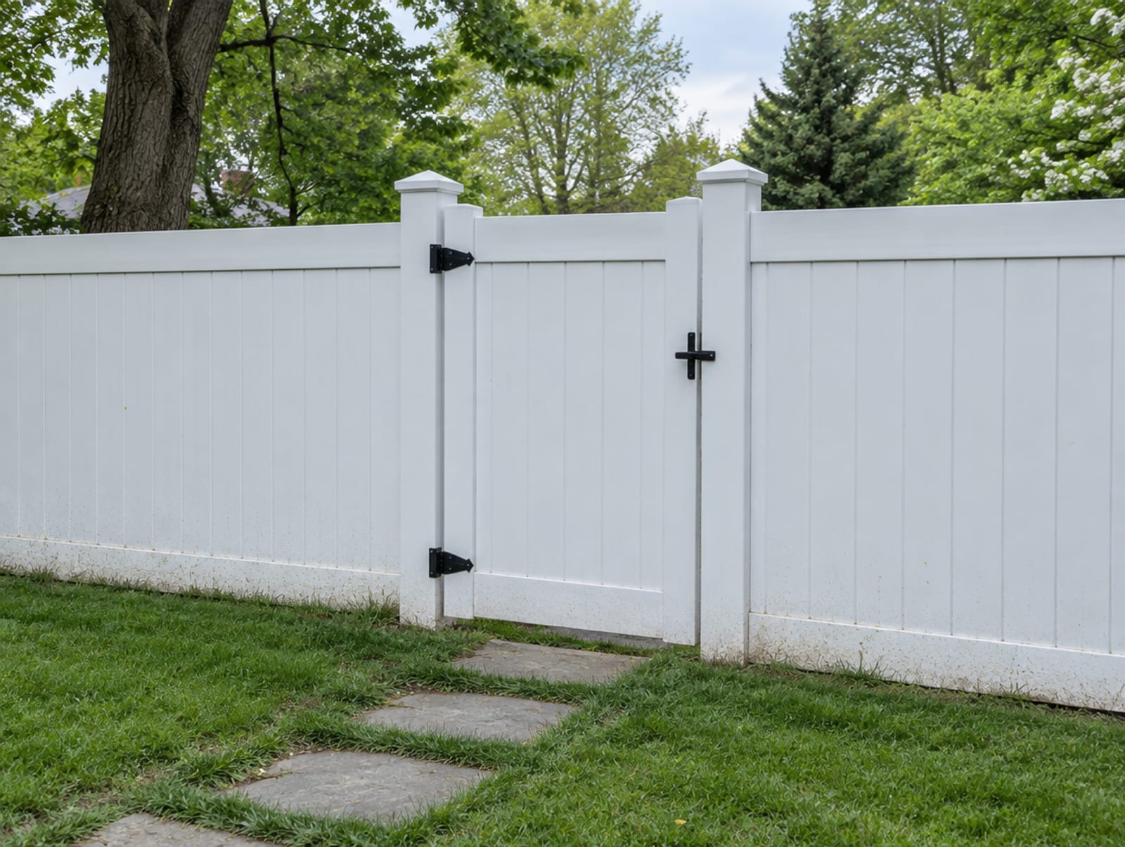 Finished vinyl fence with a gate hung between two posts
