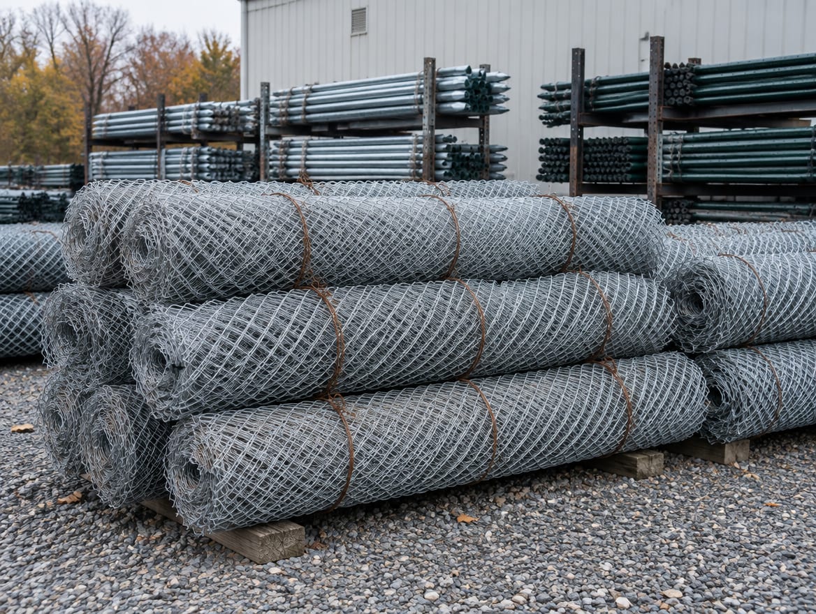 Rolls of galvanized chain link fabric stacked at a supplier