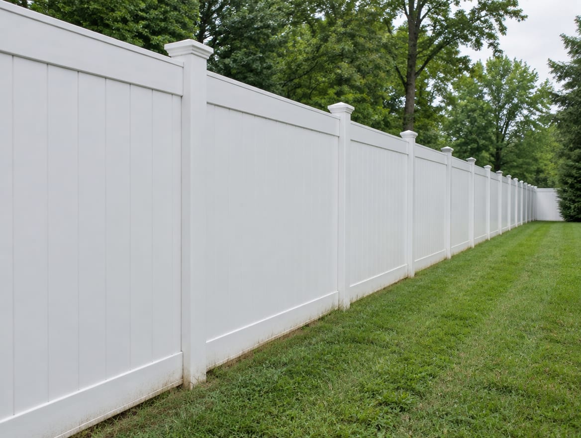 A finished white vinyl privacy fence along a side yard