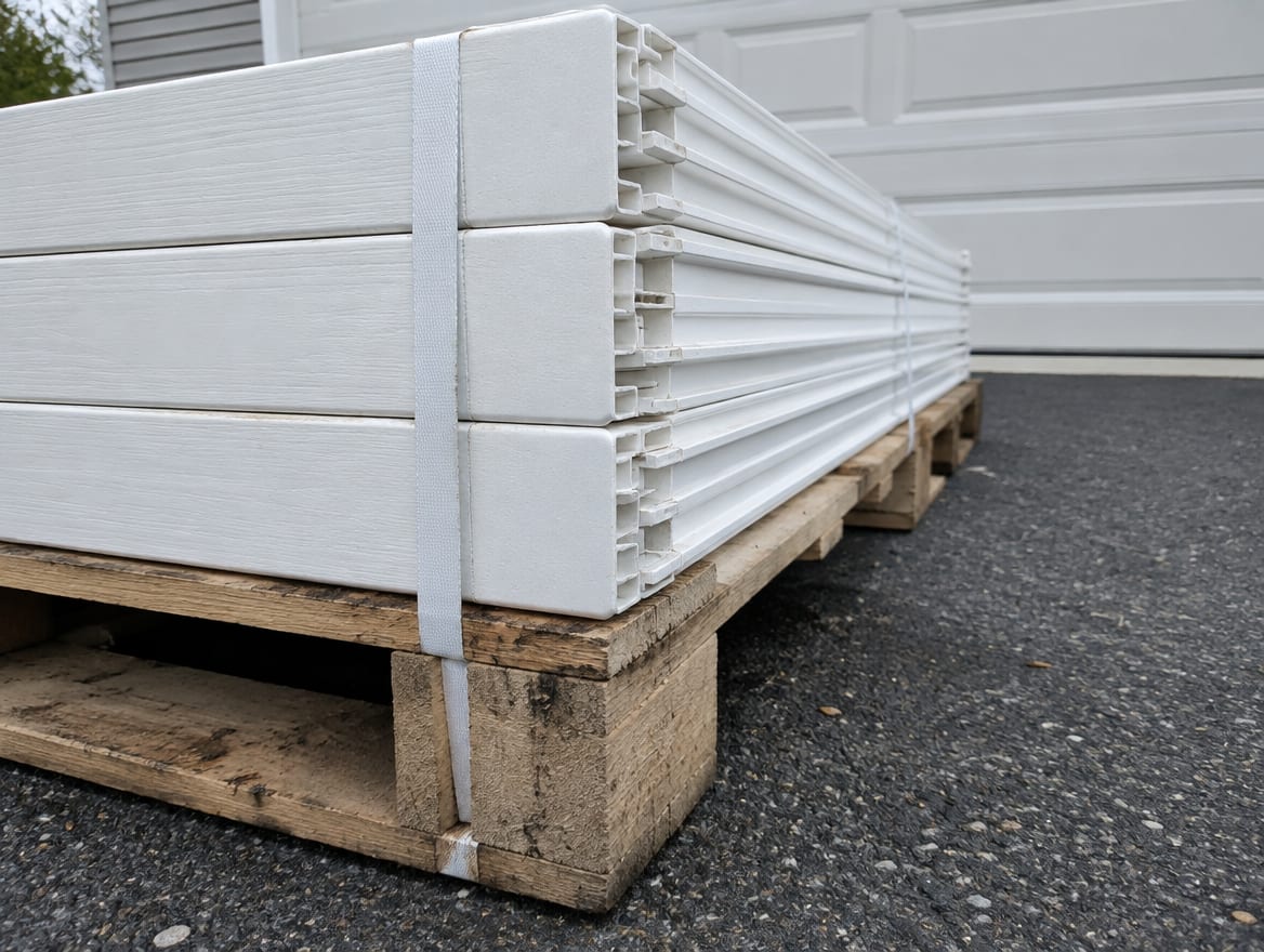 A pallet of unassembled vinyl fence panels and post kits stacked in a driveway