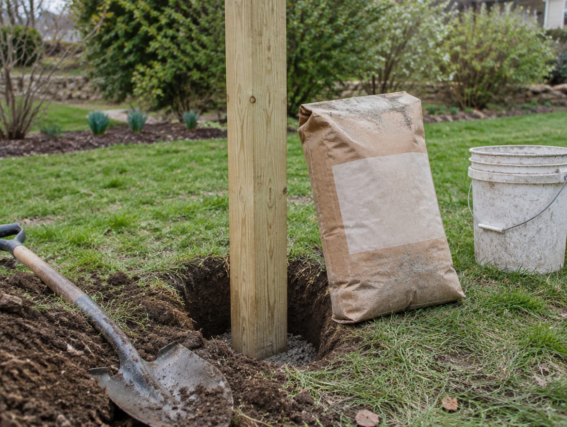 A fence post standing in a hole with a bag of fast-setting concrete mix beside it