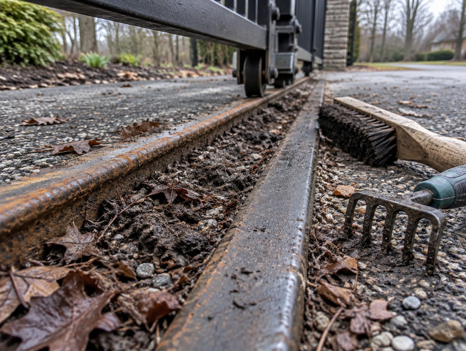 Person clearing dirt and gravel from the bottom track of a sliding gate