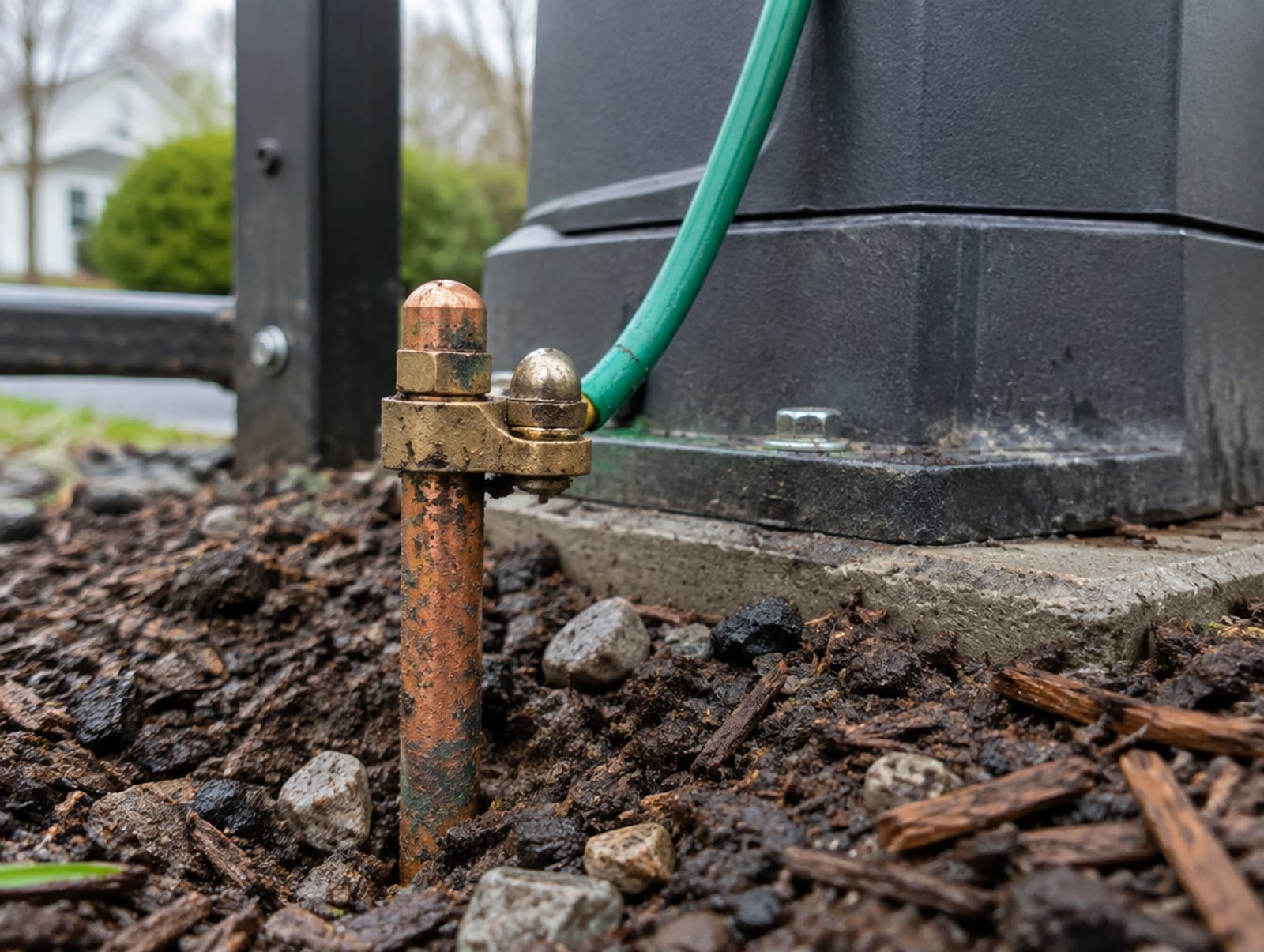 Copper ground rod driven into the soil beside a gate operator with a wire clamped to it