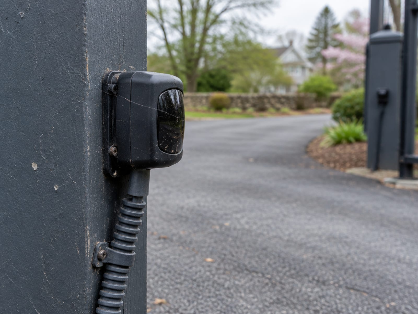 Photo eye sensor housing bolted to a gate post at low height facing across the opening