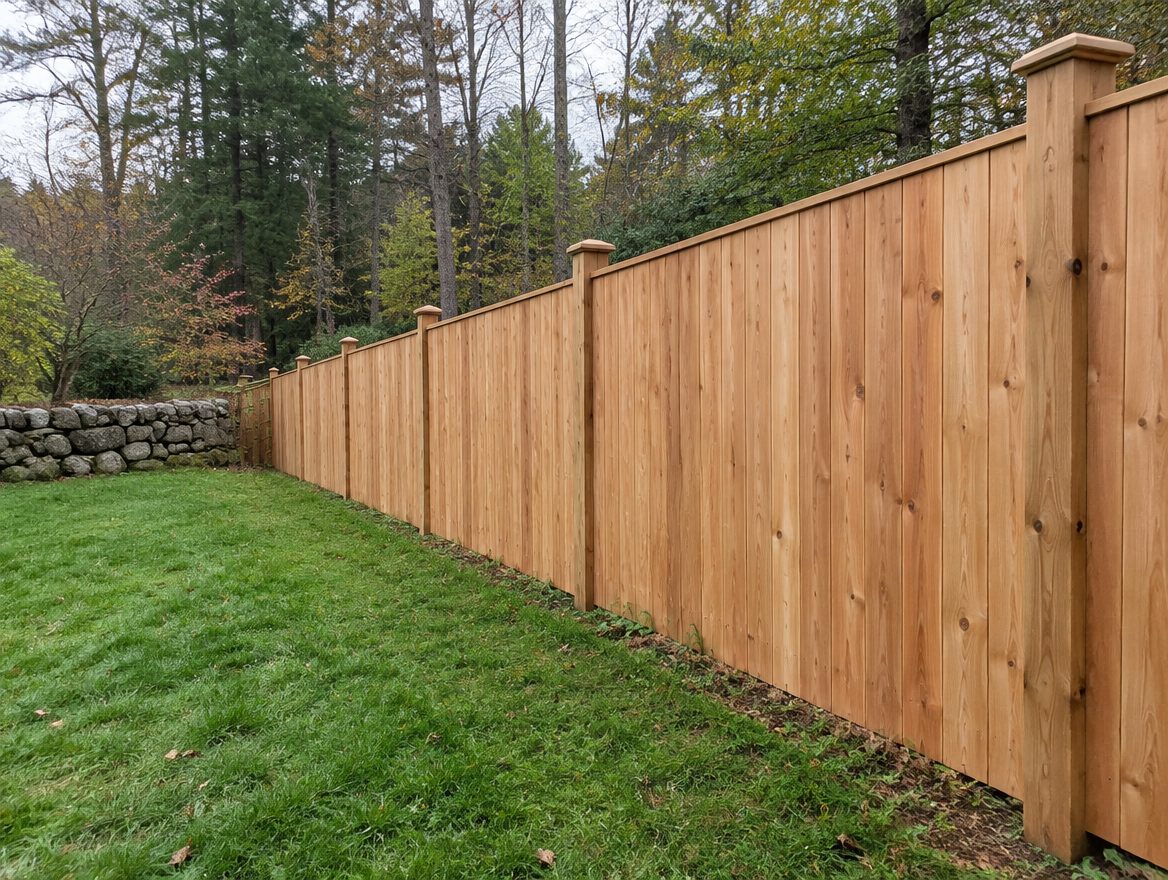 A finished cedar privacy fence along a Brewster back yard with the finished face turned outward