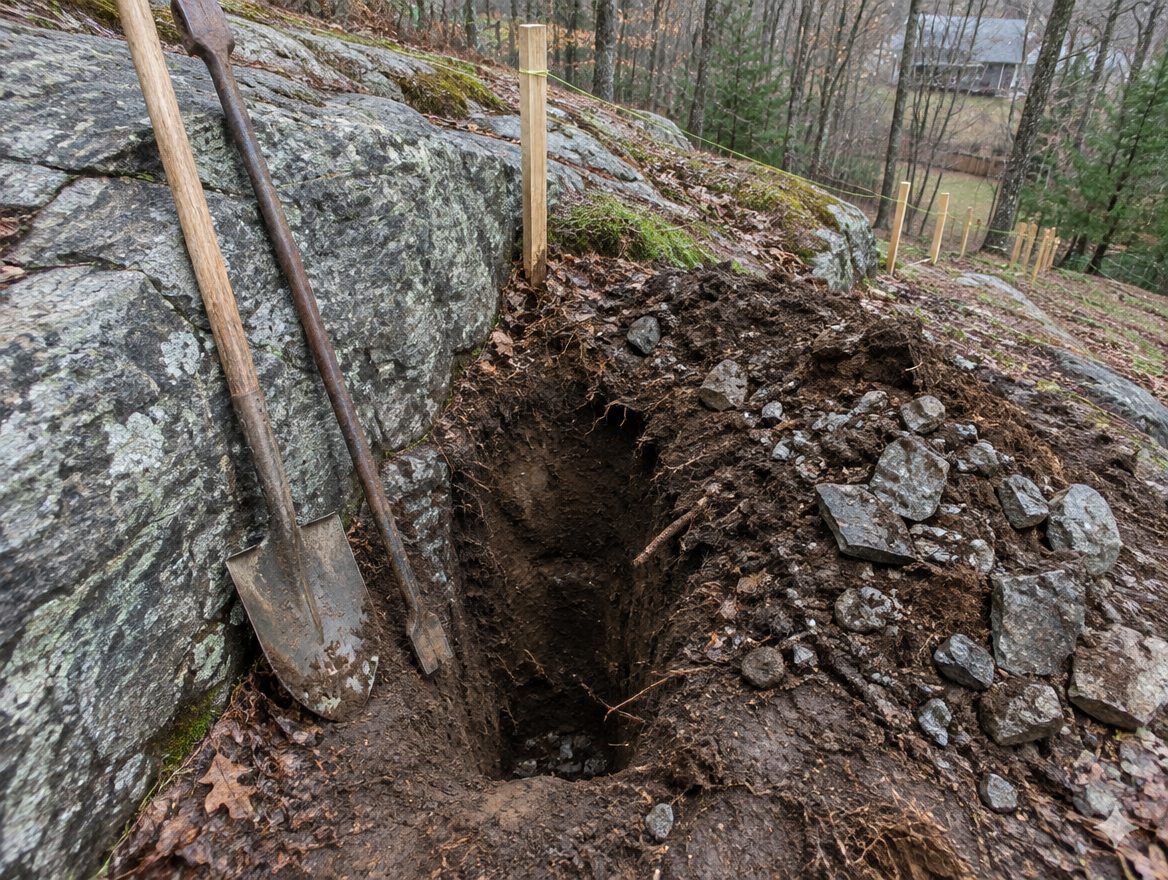 A crew member hand-excavating a post hole beside exposed bedrock along a staked fence line