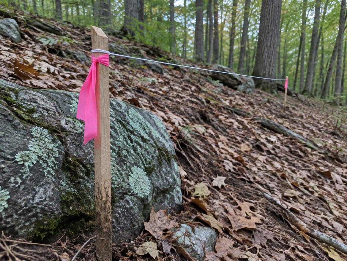 Wood stakes and string marking a proposed fence line along a wooded, sloped back yard