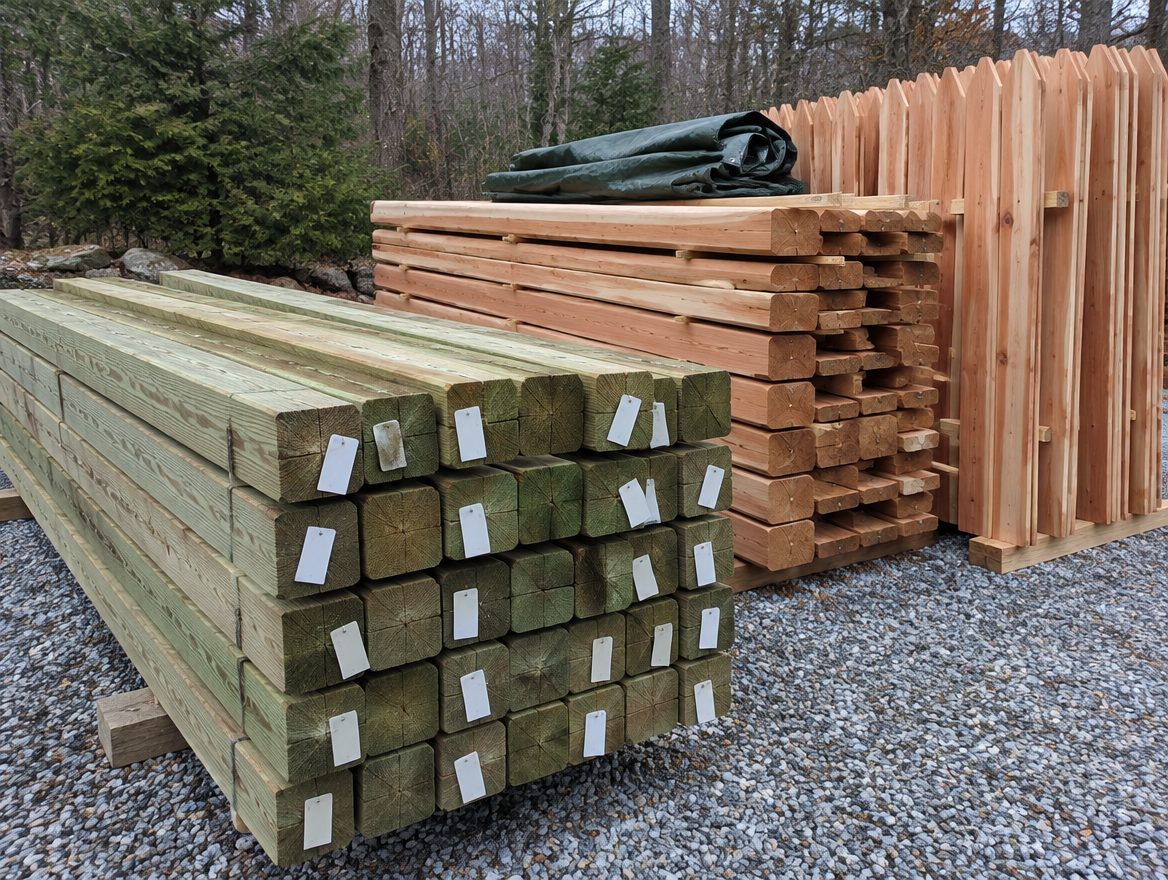 Pressure-treated posts with ground-contact tags stacked beside cedar rails and pickets