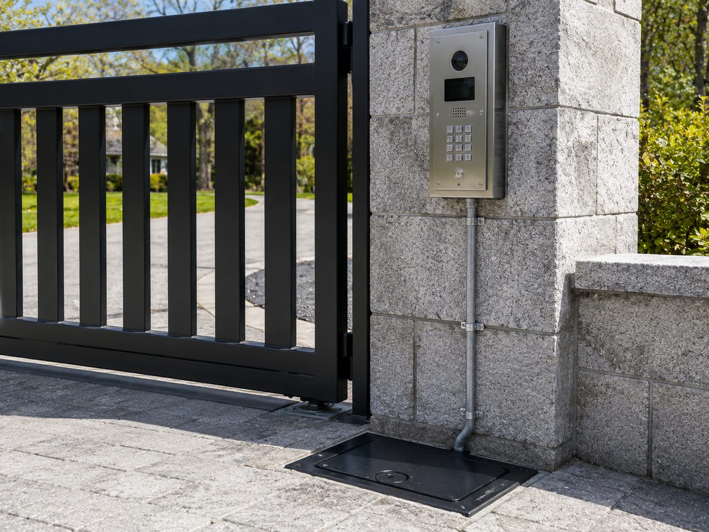 modern aluminum estate gate with video intercom access control system by Portillo Fences and Gates