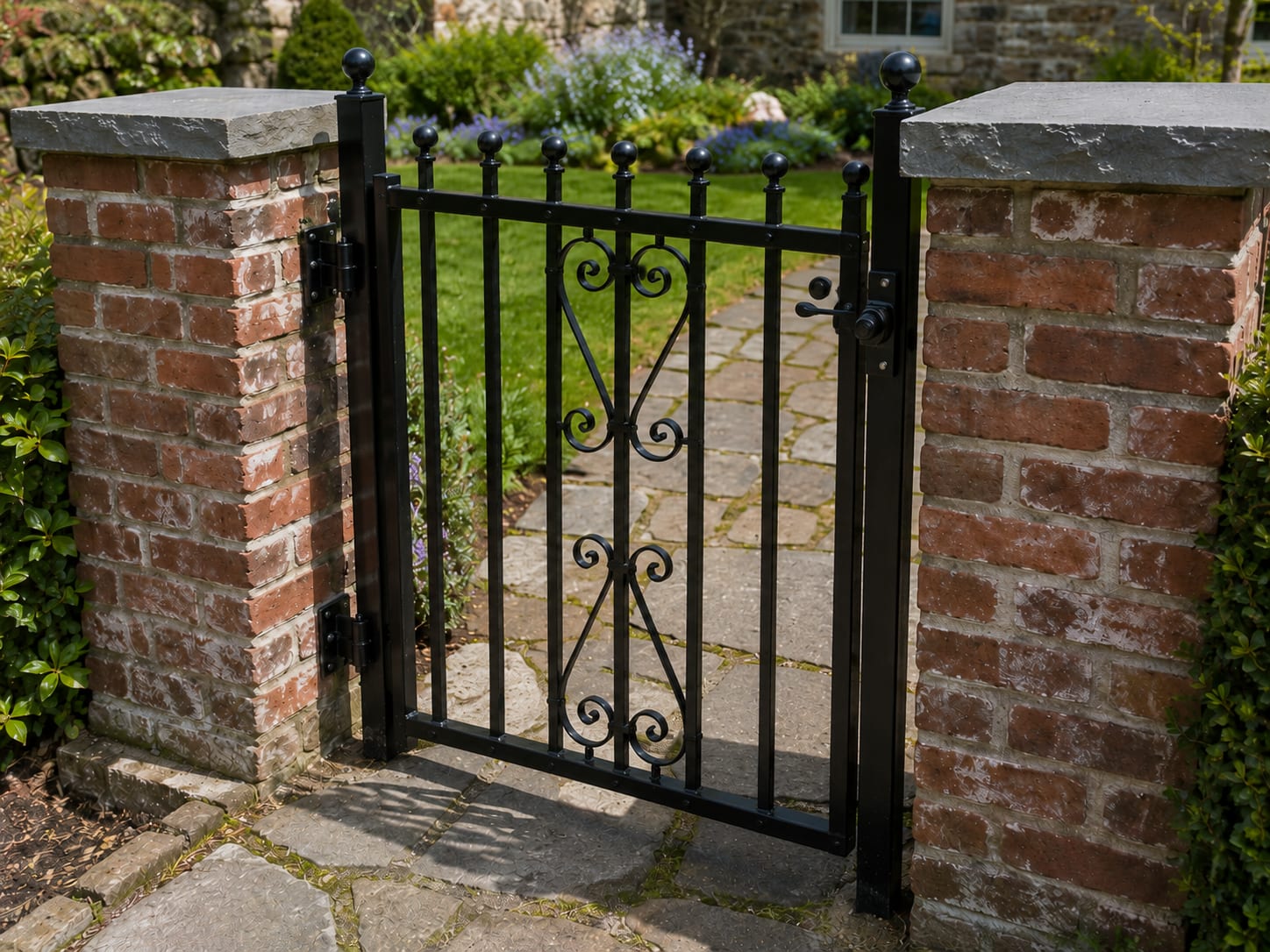 premium ornamental iron pedestrian garden gate installation residentia by Portillo Fences and Gates