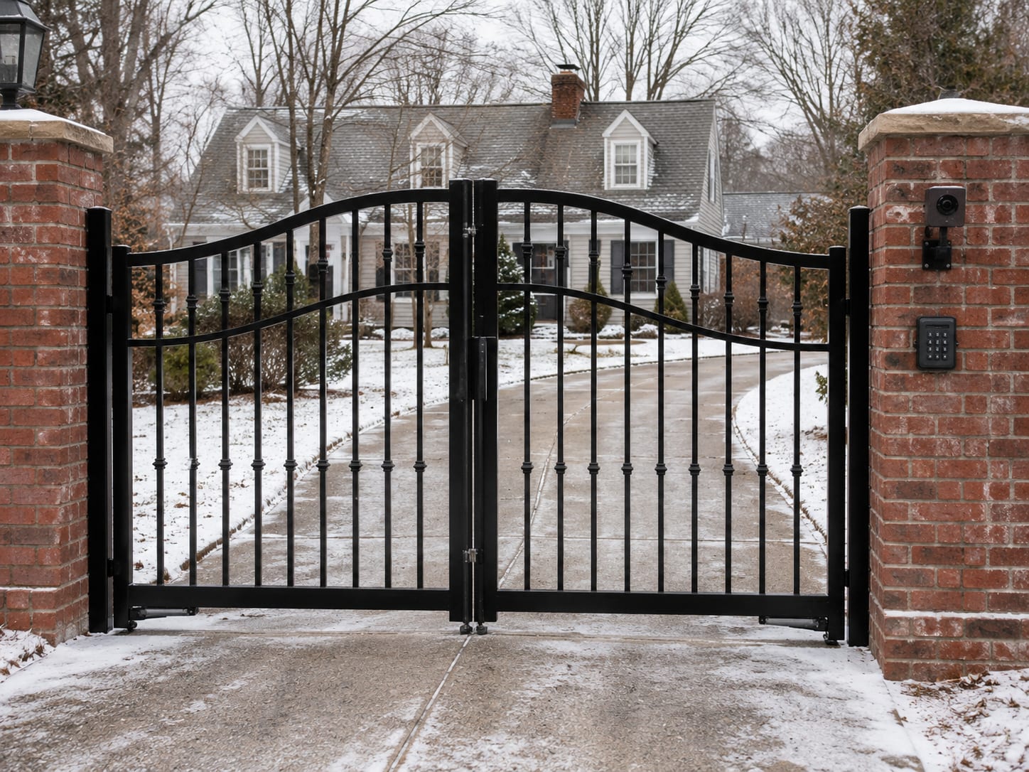 custom aluminum driveway gate smart entry closed position suburban new by Portillo Fences and Gates