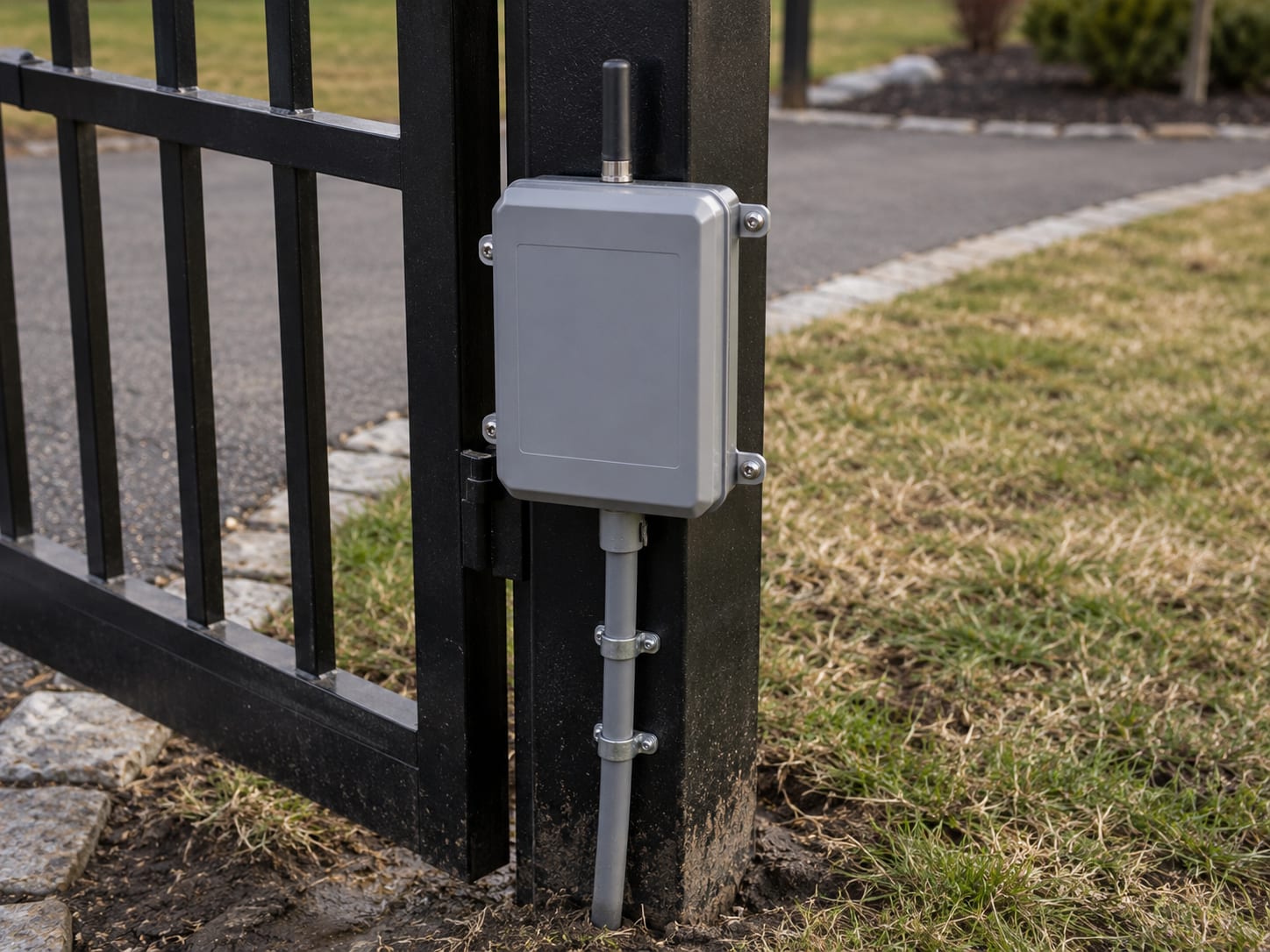licensed wireless access control receiver box mounted fence post resid by Portillo Fences and Gates