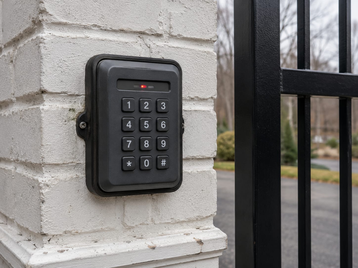 residential keypad access control unit installed gate column new york by Portillo Fences and Gates